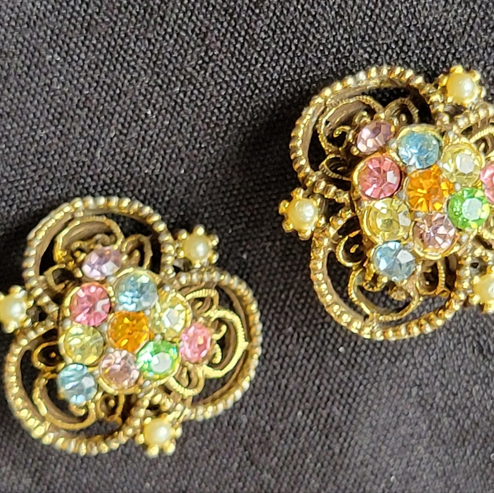 Vintage Multi Colored Stones Gold Tone Earrings